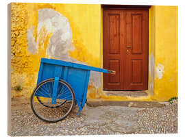 Hout print House with blue cart