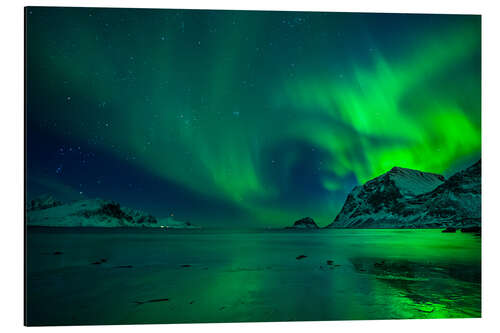 Cuadro de aluminio Aurora boreal en la playa de Haukland