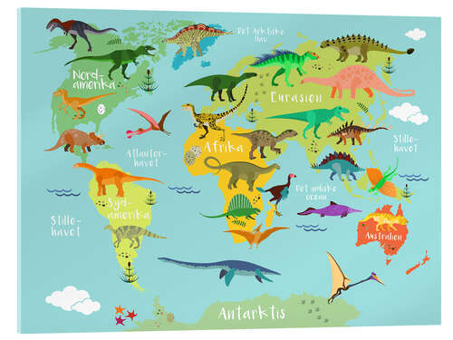 Acrylglas print World map of dinosaurs (danish)