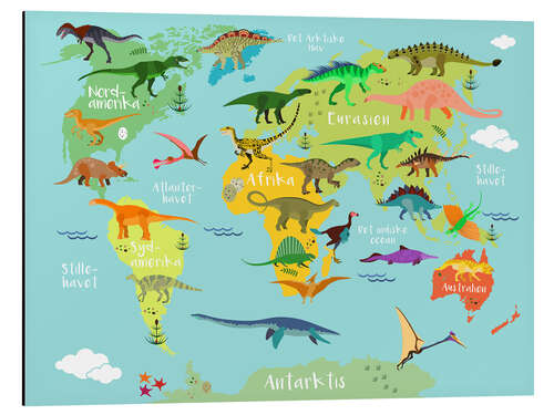 Aluminium print World map of dinosaurs (danish)