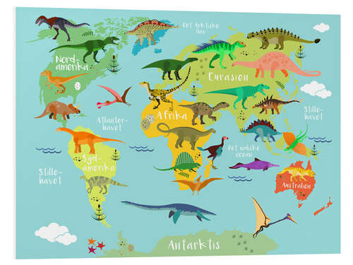 Foam board print World map of dinosaurs (danish)