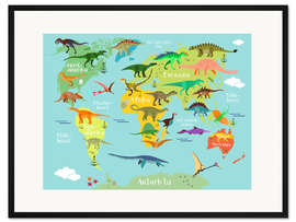 Gerahmter Kunstdruck Weltkarte der Dinosaurier (dänisch)