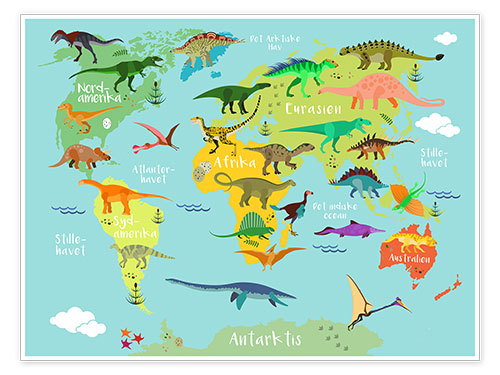 Poster World map of dinosaurs (danish)