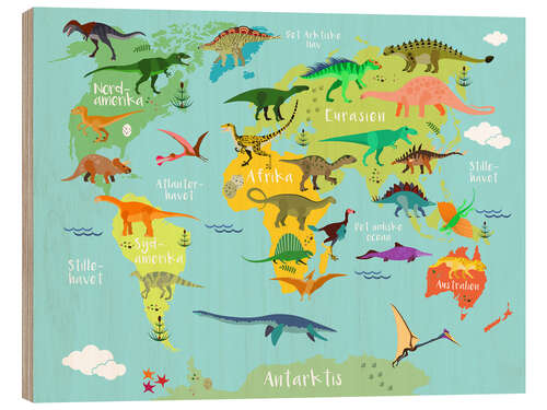 Puutaulu World map of dinosaurs (danish)