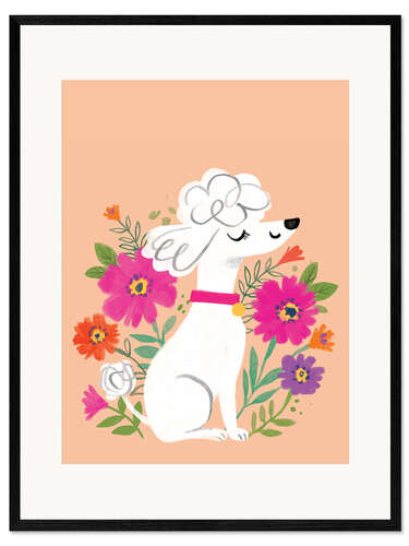 Impression artistique encadrée Caniche avec des fleurs