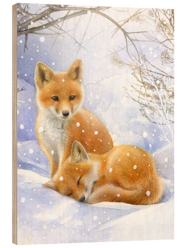 Wood print Little foxes