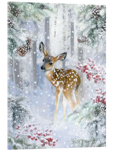 Acrylglas print Fawn in the winter forest