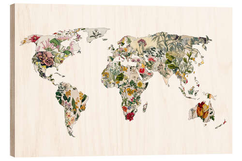 Wood print Botanical world map