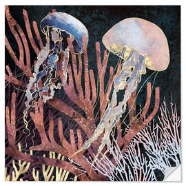 Selvklebende plakat Metallic coral with Jellyfish