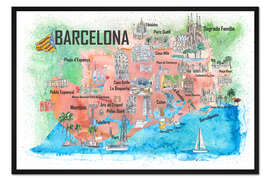 Gerahmter Kunstdruck Barcelonakarte mit Sehenwürdigkeiten