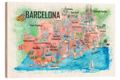 Tableau en bois Carte de Barcelone avec des monuments