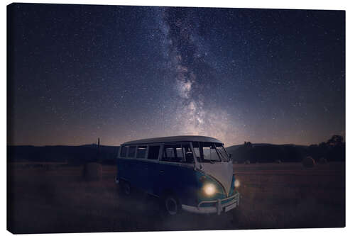 Lerretsbilde Milky way and an old bus on a field