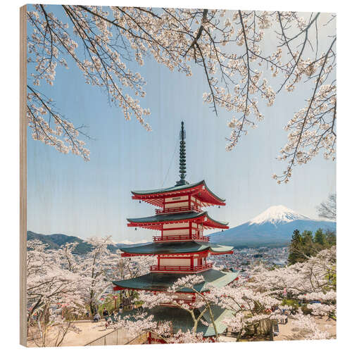 Holzbild Japanische Pagode und Berg Fuji im Frühling