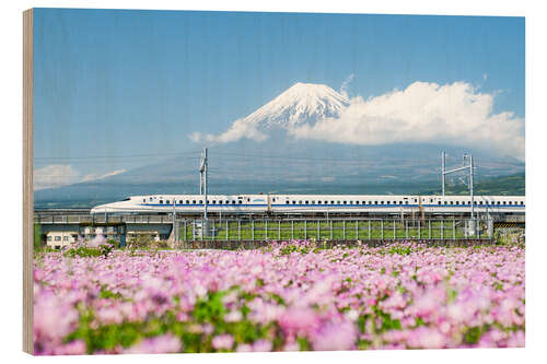 Wood print Shinkansen drives past Mount Fuji