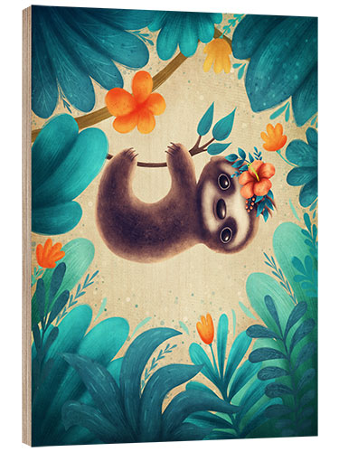 Hout print Cute Sloth with flowers