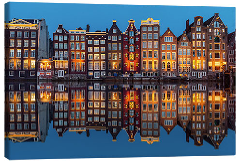 Lienzo Fila de casas de Ámsterdam reflejada en el agua