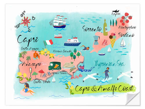 Sticker mural Carte de Capri et de la côte amalfitaine (anglais)