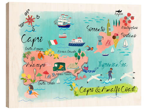 Wood print Capri and Amalfi Coast Map