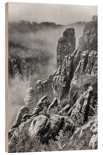 Hout print Saxon Switzerland in the fog