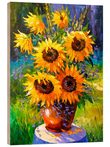 Wood print Bouquet of sunflowers