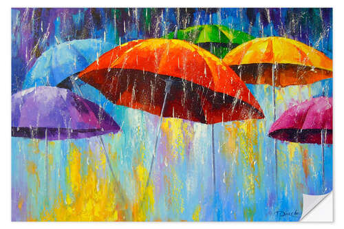 Selvklebende plakat Dancing umbrellas in the rain