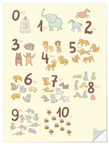 Muursticker Numbered animals (Swedish)