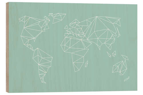 Wood print Geometric world map, turquoise