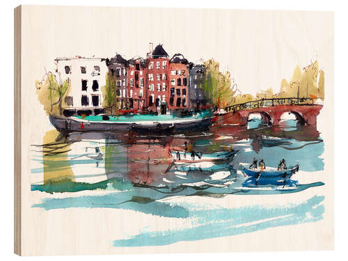 Wood print Amsterdam Netherlands Bridge and Canals