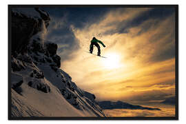 Gerahmter Kunstdruck Snowboarden in der Dämmerung