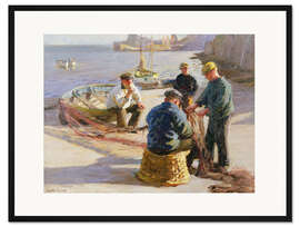 Gerahmter Kunstdruck Newlyn Harbour: Ausbessern der Netze