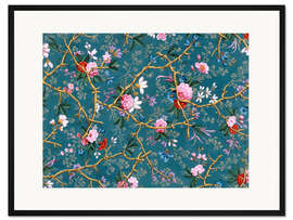 Gerahmter Kunstdruck Blumenmuster in blau