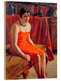 Wood print Seated Woman in a Red Dress