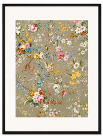 Gerahmter Kunstdruck Blumenmuster beige