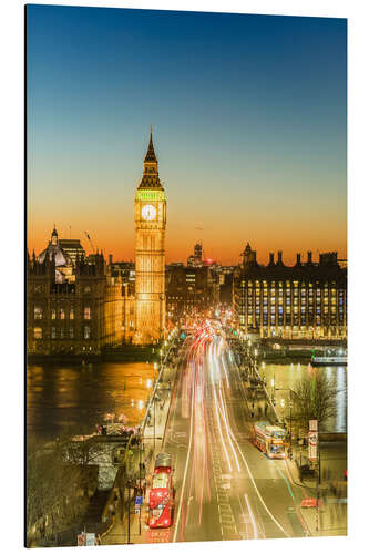 Alubild Big Ben und Westminster Bridge bei Dämmerung