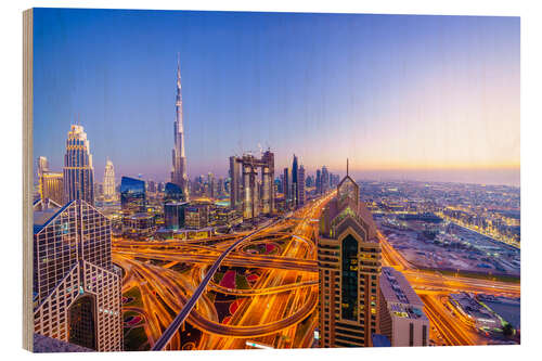 Tableau en bois Skyline de Dubaï au coucher du soleil