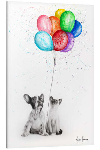 Obraz na aluminium Frenchie and Siamese with Colourful Balloons