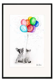 Gerahmter Kunstdruck Frenchie und Siamese mit bunten Ballons