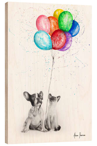 Wood print Frenchie and Siamese with Colourful Balloons