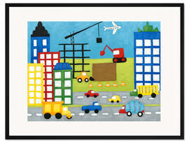 Gerahmter Kunstdruck Autos und Baustelle in der Stadt