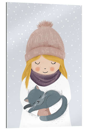 Tableau en plexi-alu Fille au chat en hiver