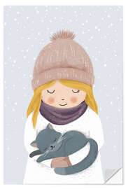 Sticker mural Fille au chat en hiver - Sandy Lohß