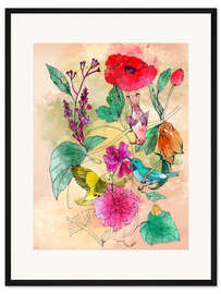 Gerahmter Kunstdruck Mohn und Vögel