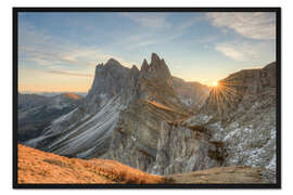 Gerahmter Kunstdruck Sonnenaufgang auf der Seceda, Südtirol