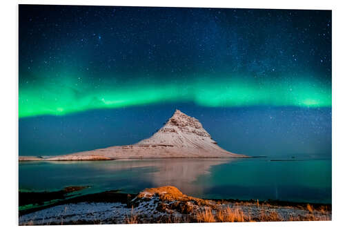 Cuadro de PVC La montaña Kirkjufell con aurora boreal