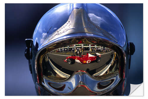 Selvklebende plakat Michael Schumacher's Ferrari F2002 reflected in a fire marshal visor