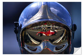 Naklejka na ścianę Michael Schumacher's Ferrari F2002 reflected in a fire marshal visor