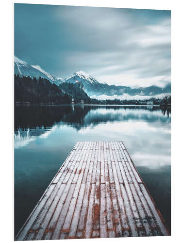 Foam board print Wooden footbridge in the mountain lake