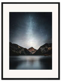 Gerahmter Kunstdruck Sternenhimmel über Bergsee
