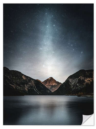 Selvklebende plakat Starry sky over mountain lake