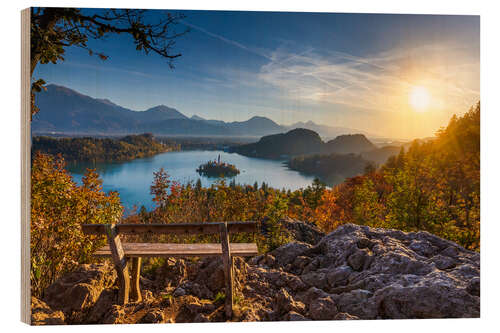 Wood print Bled lake at sunrise